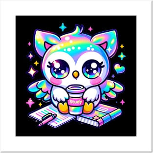 Kawaii Holographic Owl with Coffee and Study Notes Posters and Art